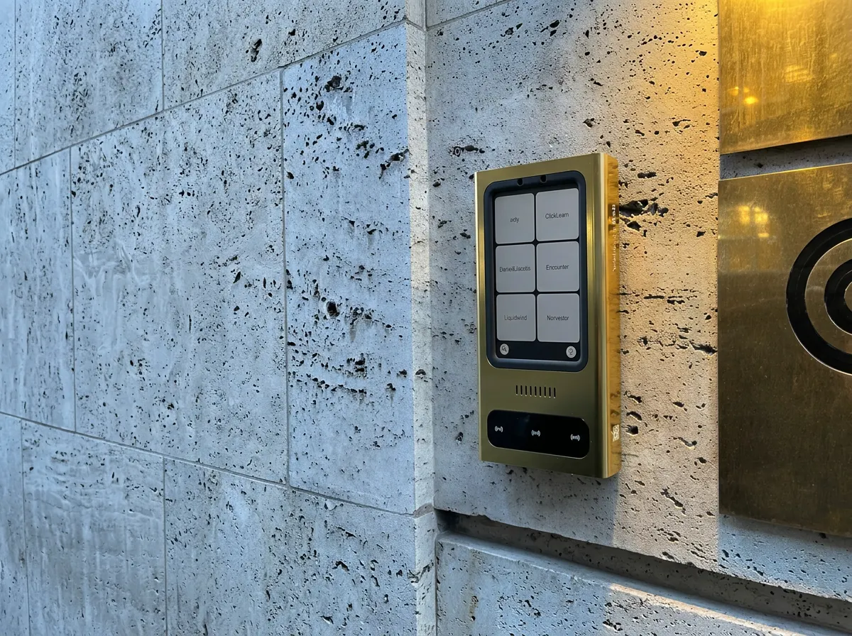 Installerad porttelefon med polerad mässing finish hos ATP Ejendomme i Møntnergade