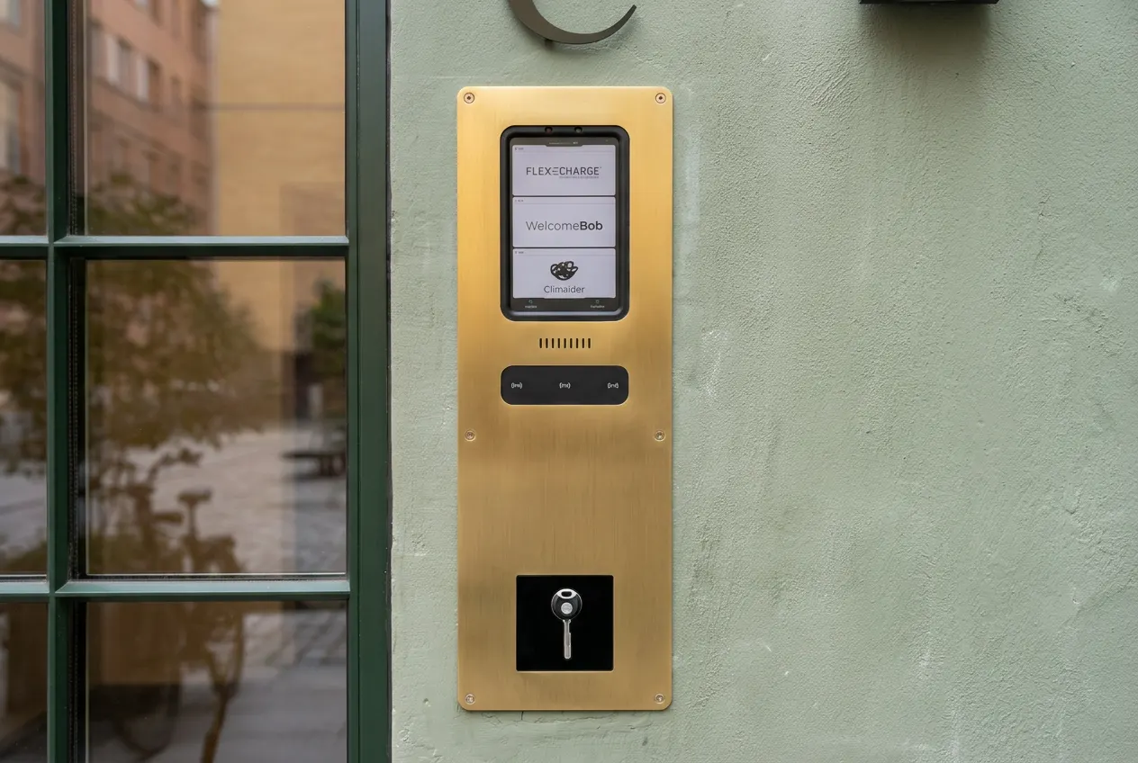 Installerad porttelefon med frontplatta i mässing på Nordre Fasanvej 108